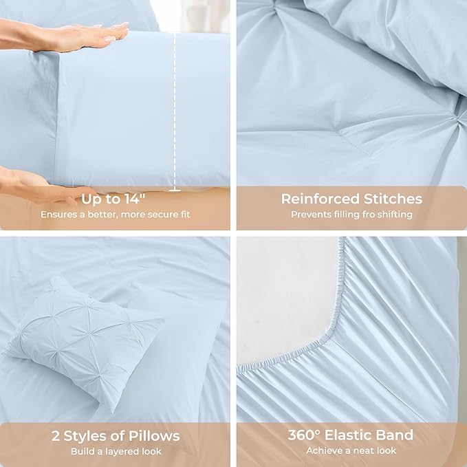 Sasttie King Size Comforter Set, 7-Piece Bed in a Bag, Pintuck Bedding Sets for All Season, Includes Comforter, Flat Sheet, Fitted Sheet, Pillowcases and Pillowshams, Light Blue