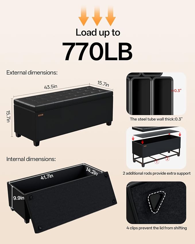 Synthetic leather Storage ottoman bench with legs,43.5”W x 15.7”D x 15.7”H,metal frame end of bed bench hold up to 770 LB,Large Storage Chest hold up to 770 LB,Black UASND622B