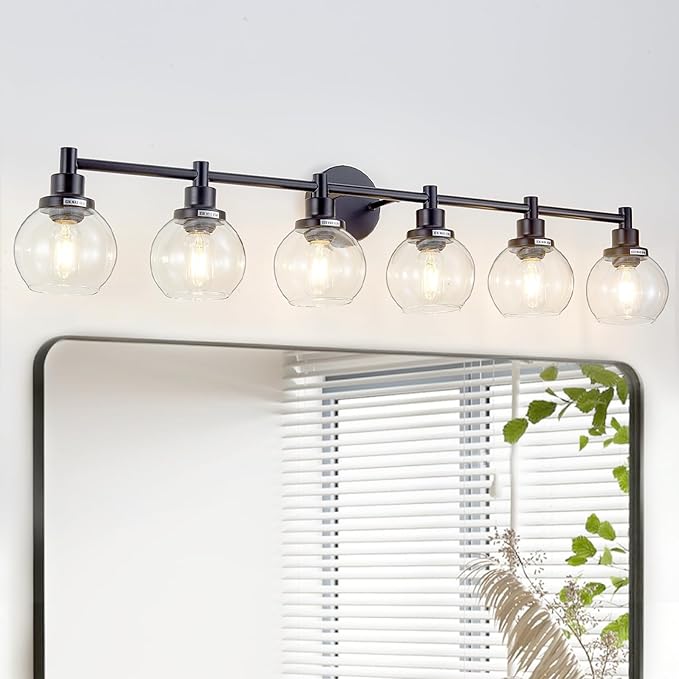 6-Light Bathroom Light Fixture Black Vanity Lights Over Mirror Modern Wall Sconce Farmhouse Vintage Bathroom Vanity Lighting with Glass Shade for Bedroom Hallway Cabinet Bathroom