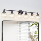 6-Light Bathroom Light Fixture Black Vanity Lights Over Mirror Modern Wall Sconce Farmhouse Vintage Bathroom Vanity Lighting with Glass Shade for Bedroom Hallway Cabinet Bathroom
