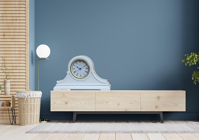 Mantel Clocks, Battery Operated, Silent Wood Table Clock with Westminster Chimes On The Hour, Solid Wooden Shelf Chiming Mantle Clock, 9" x 16" x 3" (White - Roman Numerals)