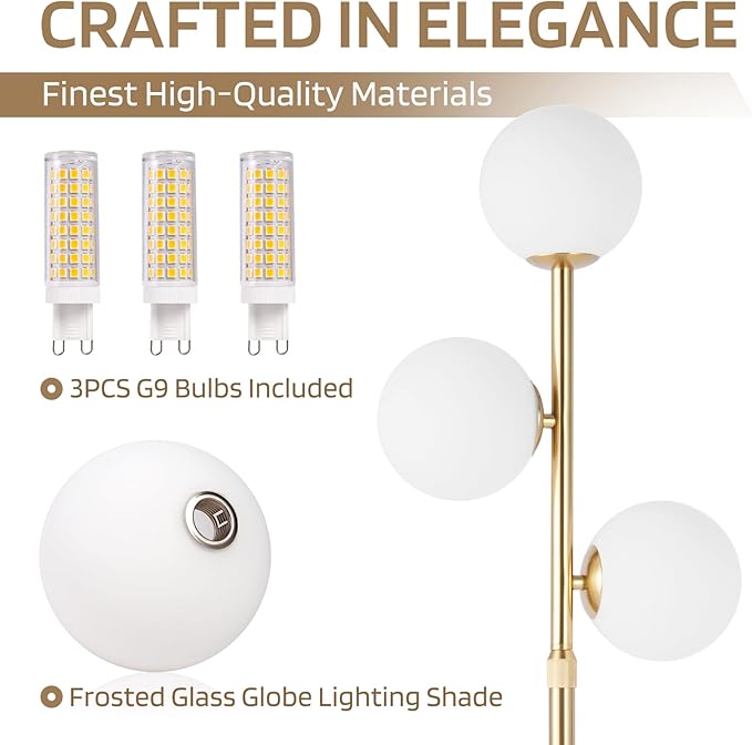 vallerico 3-Globe Mid Century Modern Floor Lamps for Living Room, Adjustable Height Standing Lamp with Marble Base, Gold Tall Lamp with Frosted Glass Shades, Pole Lamps for Bedroom, Bulbs Included