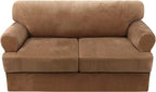 H.VERSAILTEX Sofa Cover 3 Piece T Cushion Loveseat Slipcovers Thick Velvet Couch Cover Furniture Protector Stretch T Cushion Sofa Covers for 2 Cushion Couch with 2 Individual T Cushion Covers, Camel