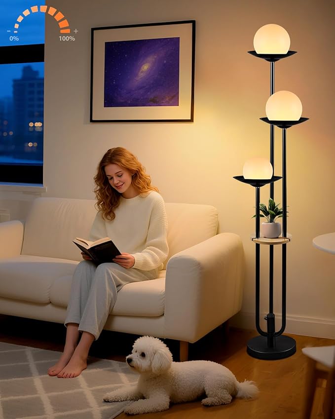 Lightdot Globe Floor Lamp with Shelf 3-Lights Modern Dimmable Floor Lamps for Wedding/Party, 3000K Warm White Bulbs Included, Black Tall Standing Lamp for Living Room/Bedroom/Sofa Beside/Corner Decor