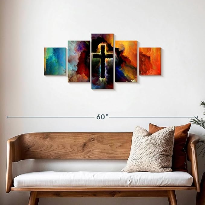 Elephant Stock Colorful Cross Wall Art Multi Piece Canvas - 5 Panel Christian Pictures Decor - Digital Design Canvas Print - Christian Wall Decor - 42" X 19"