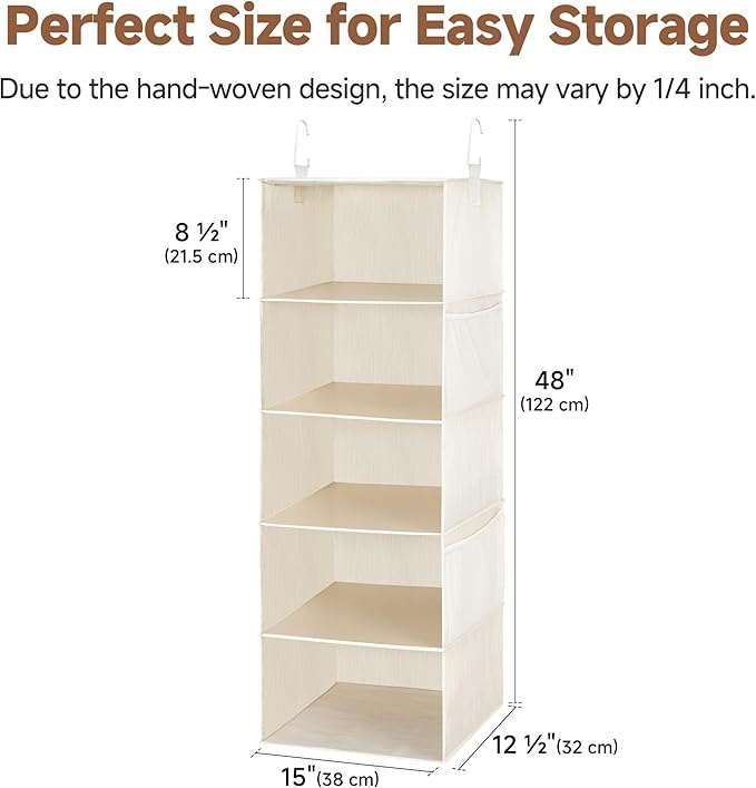 StorageWorks 5-Shelf Hanging Closet Organizers, Foldable Closet Storage Organizer with 2 Side Pockets, Portable Hanging Shelves for Clothes, Sweater, 13" D x 15" W x 47 ¾" H, White & Ivory
