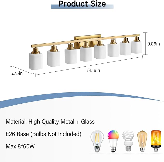 Bathroom Vanity Light,8-Light Brushed Gold Bathroom Light Fixtures with Square Frosted Glass, 51in Gold Wall Lamp Sconces for Mirror Bedroom,Living Room Hallway,E26