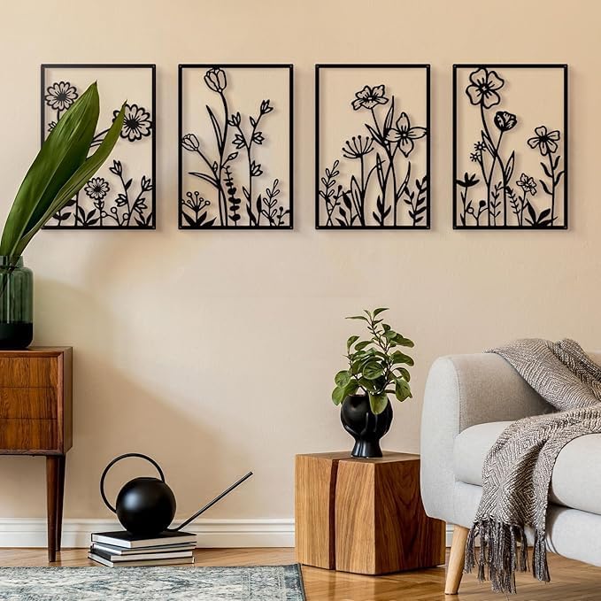 Black Metal Flowers Wall Decor: Elegant Floral Wall Art Sculptures for Bedroom, Bathroom, and Living Room - Set of 4, 12 x 17 in each