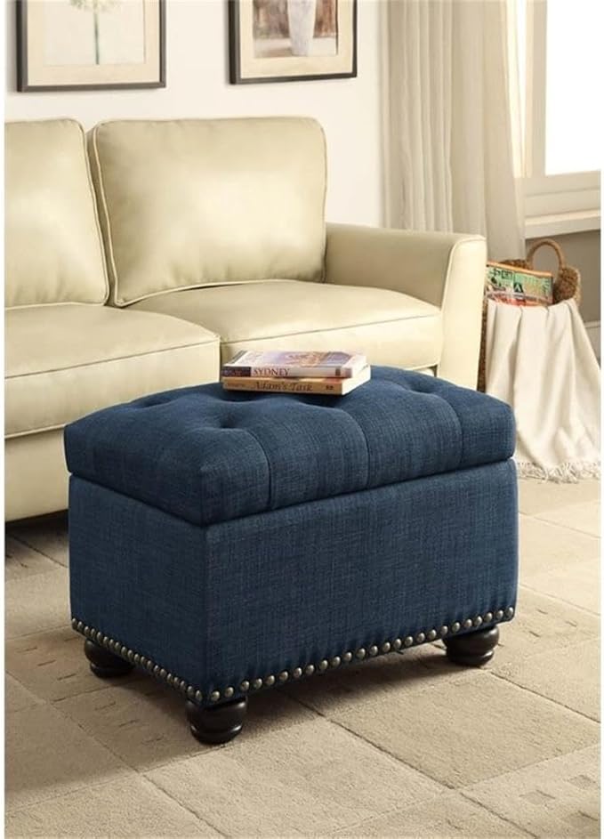 Convenience Concepts Designs4Comfort 5th Avenue Upholstered Storage Ottoman 24" - Contemporary Foot Stool and Seat with Hinged Lid for Living Room, Dining Room, Office, Den, Dark Blue Fabric