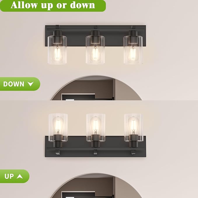 Espird Bathroom Vanity Light,3 Light Matte Black Light Fixture with Thickened Clear Glass Shade, 21 inch Modern Wall Sconce, Bathrooms Vanity Light Over Mirror for Bathroom