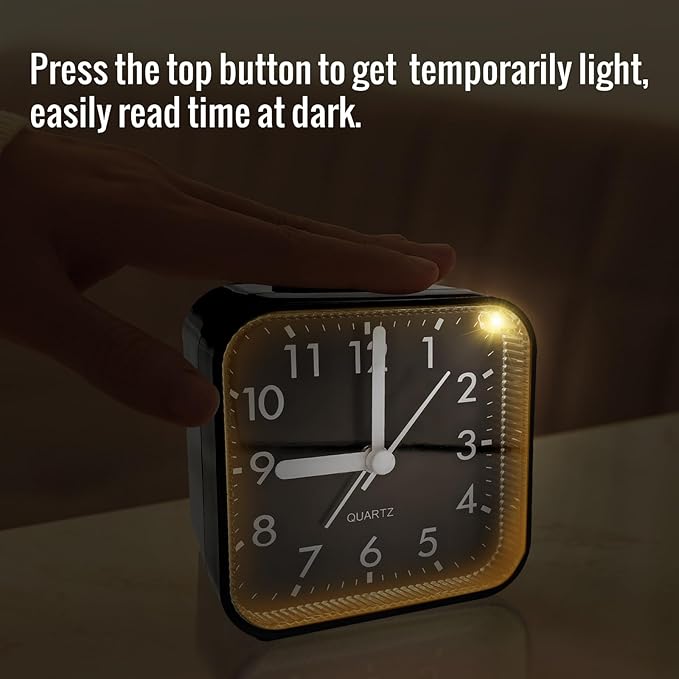 Small Analog Alarm Clock for Bathroom, Black Travel Clock, Battery Operated, Quieter Bedside Dial Clocks for Bedrooms Kitchen, Shelf Desk Clock