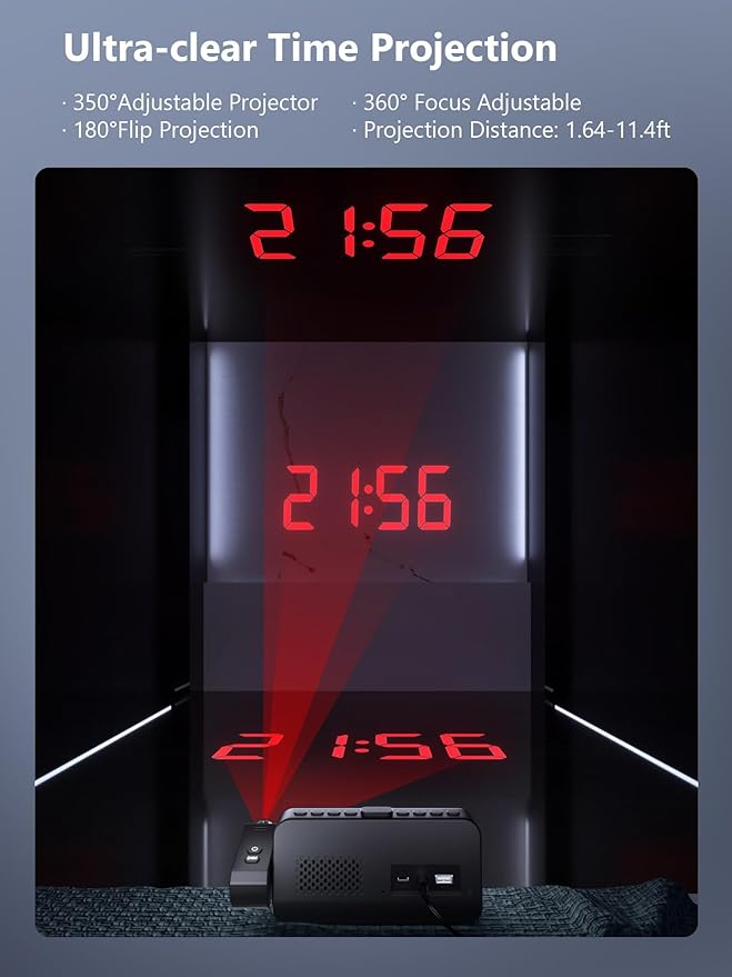 Projection Alarm Clock for Bedroom,Digital Clock with 350° Rotatable Projector,5-Level Dimmer,Dual Alarm with Weekday/Weekend Mode,Adjustable Volume,Temp,Humidity,Calendar,Snooze,12/24H,Night Light