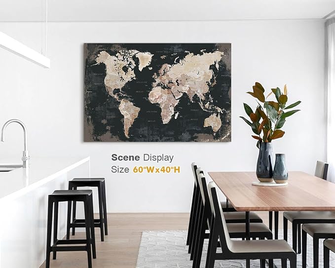 Large Wall Decor Living Room Wall Art Framed Office Pictures World Maps for Wall Canvas Paintings Contemporary Black and White Artwork