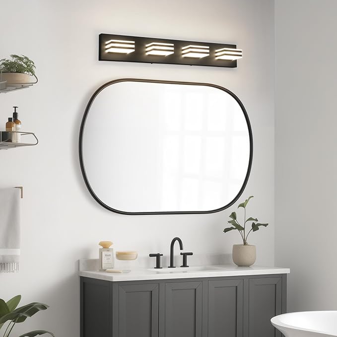 4-Light LED Black Vanity Lights for Bathroom Light Fixtures Adjust 3 Colors Modern Bath Lighing Over Mirror LED Vanity Light 27inch Acrylic Heads