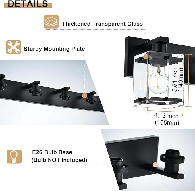 4-Light Bathroom Vanity Light Fixture, Modern Black Wall Lighting Over Mirror with Rectangular Clear Glass, E26 Bulb Base