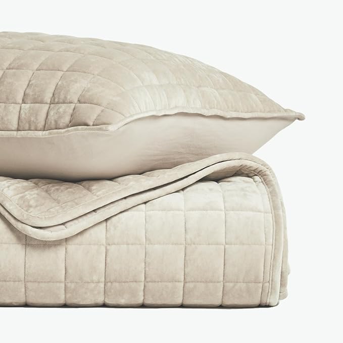 RECYCO Luxury Velvet Quilt Set King Size Bedding Sets, Ultra Soft Velvet Comforter Set, Lightweight Channel Box Stitch Oversized Bedspread Coverlet for All Season, with 2 Shams, Beige
