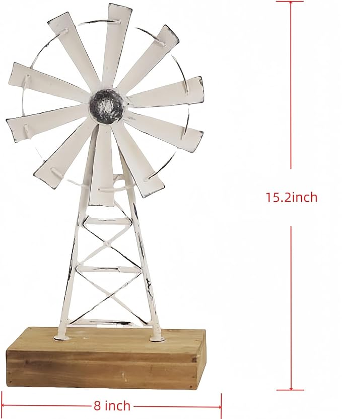 Rustic White Farmhouse Windmill Table Decor - Distressed Metal & Wood Windmill for Kitchen, Living Room, Office, or Shelf Decoration