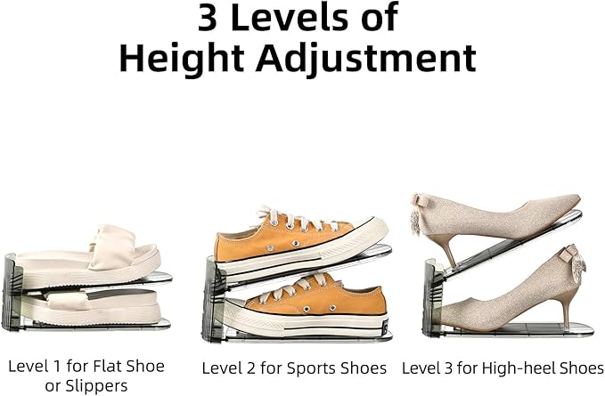Shoe Slots Organizer，20 Pack Shoe Stackers for a Pair of Shoes,Adjustable Shoe Rack with Three Levels，Grey