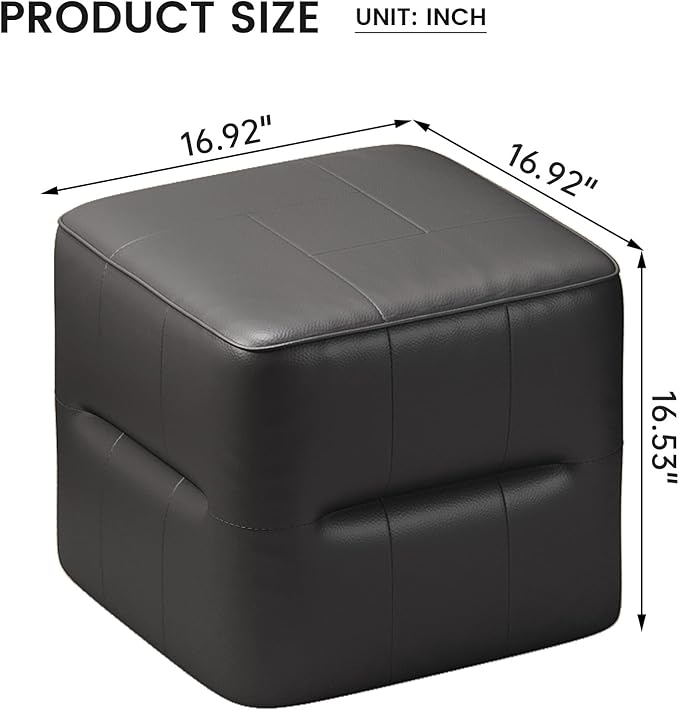Black PU Cube Pouf Vanity Ottoman, Square Faux Leather Footrest Vanity Stool for Living Room, Bedroom, Kids Room, Comfy Floor Pouf for Home Decor