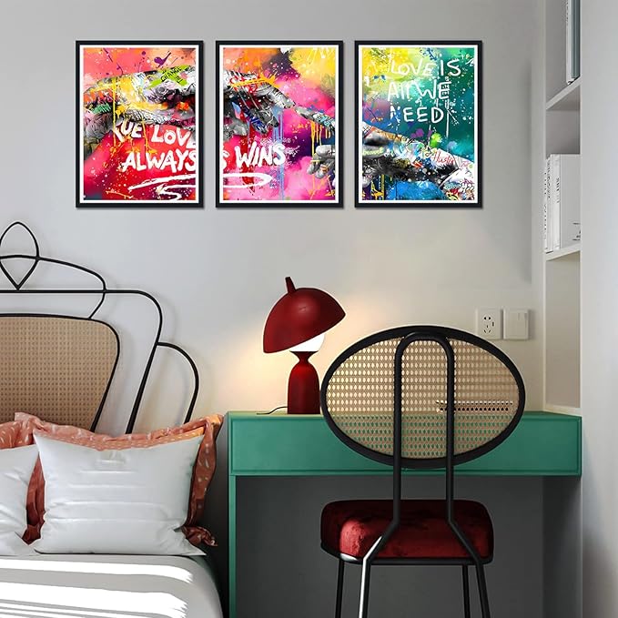 Novatique Banksy Canvas Wall Art Graffiti Street Print Pictures Hand Heart Pop Art Posters Hand Of God Graffiti Art Painting Framed for Living Room Bedroom,12" x 16" x 3Pcs