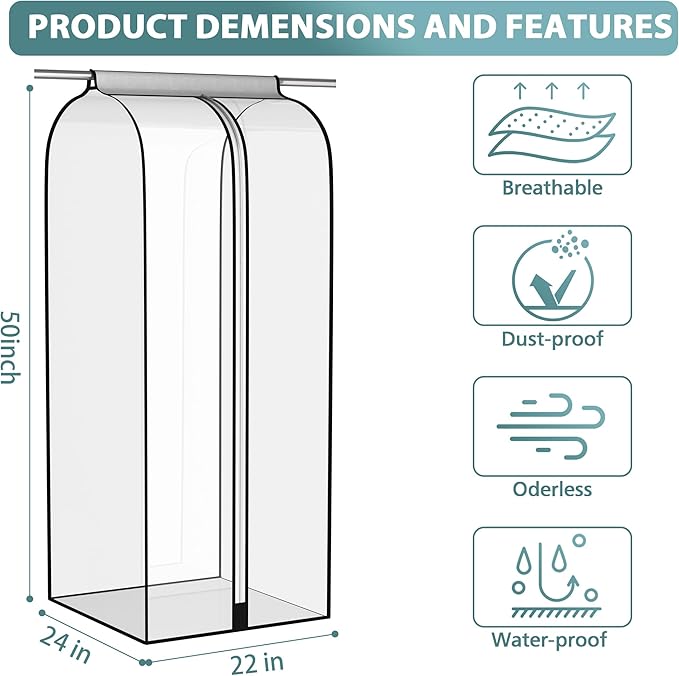 22” Gusseted Garment Bags for Hanging Clothes all Clear Clothes Cover for Closet Storage, Wardrobe Coat Protector for Suit, Shirt Long Dress, Bottom Enclosed, 2 Pack, 50” Long