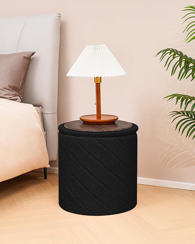 Round Boucle Storage Ottoman with Reversible Wood Tray, 17.7" Sherpa Cylinder Footrest Stool with Storage, Upholstered Folding Ottoman Coffee Table for Living Room Bedroom Dorm, Black