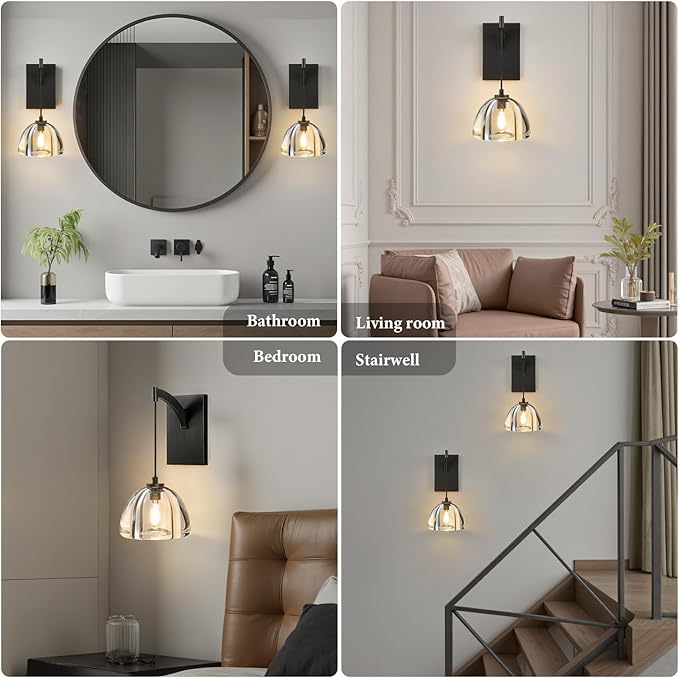 Crystal Brass Dome Wall Sconce - Luxury Matte Brushed Lighting Fixture with K9 Crystals Cloche - Set of 2 Modern Black Sconces - Dimmable Indoor Hanging Light for Bathroom Bedroom Living Room Stair