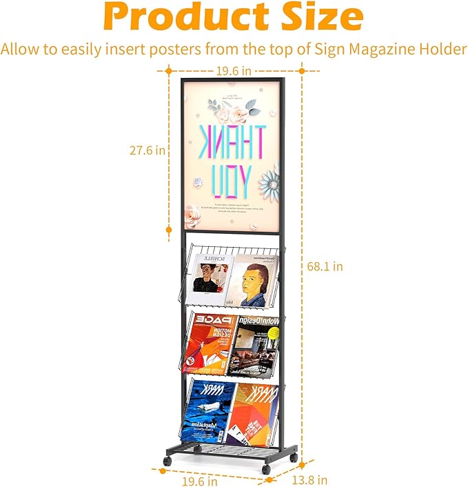 lesolar Floor-Standing Magazine Rack with Poster Board Stand 4-tier Newspaper Holder Book Display Shelf Brochure Display Stand Poster Sign Holder with Wheels Suitable for Exhibitions Store Business