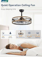 LEDIARY 22 inch Caged Ceiling Fan with Light, Fandelier Industrial Ceiling Fan with Remote, Farmhouse Fan Lights Ceiling Fixtures for Kitchen, Bedroom, Outdoor（6 Speed, Timing）-Brown