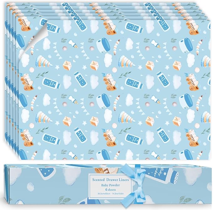 SCENTORINI Baby Powder Scented Drawer Liners, 6 Sheets Fragrant Paper Liners Non-Adhesive Paper Sheets for Home Closet, Dresser Drawers, for Home Fragrance