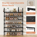 6 Tier Shoe Rack for Closet Shoe Organizer with 5 Hooks, Long Shoe Shelf Storage for Shoe and Boot Stackable Free Standing Shoe Rack for Entryway, Garage, Small Spaces, Dorm, Black