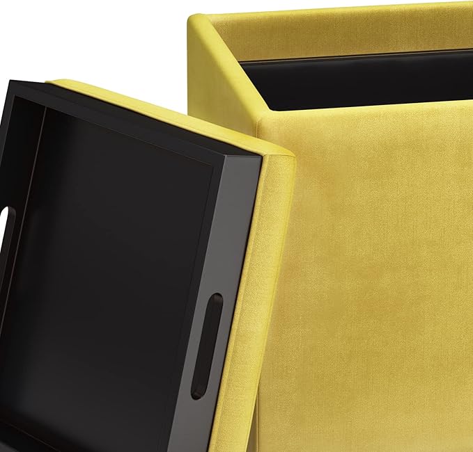 SIMPLIHOME Rockwood Cube Storage Ottoman with Tray - 17 inch Wide Upholstered Velvet Fabric Square Storage Ottoman in Dijon Yellow, Contemporary Cube Ottoman for Living Room with Serving Tray