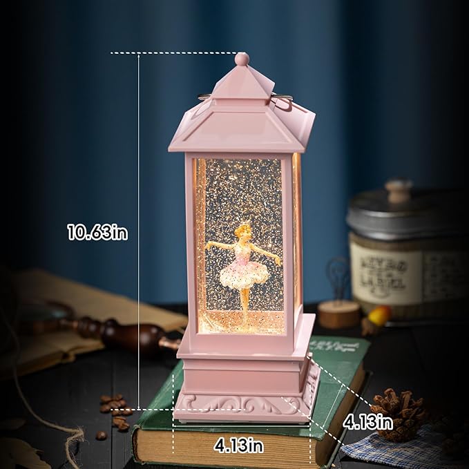 Snow Globe Lantern with Ballet Girl Ballerina – Shatterproof 8 Songs Musical Box Automatic Snowfall Led Light USB & Battery Powered,for Valentine’s Day Gifts Present Birthday Home Fall Decoration,Pink