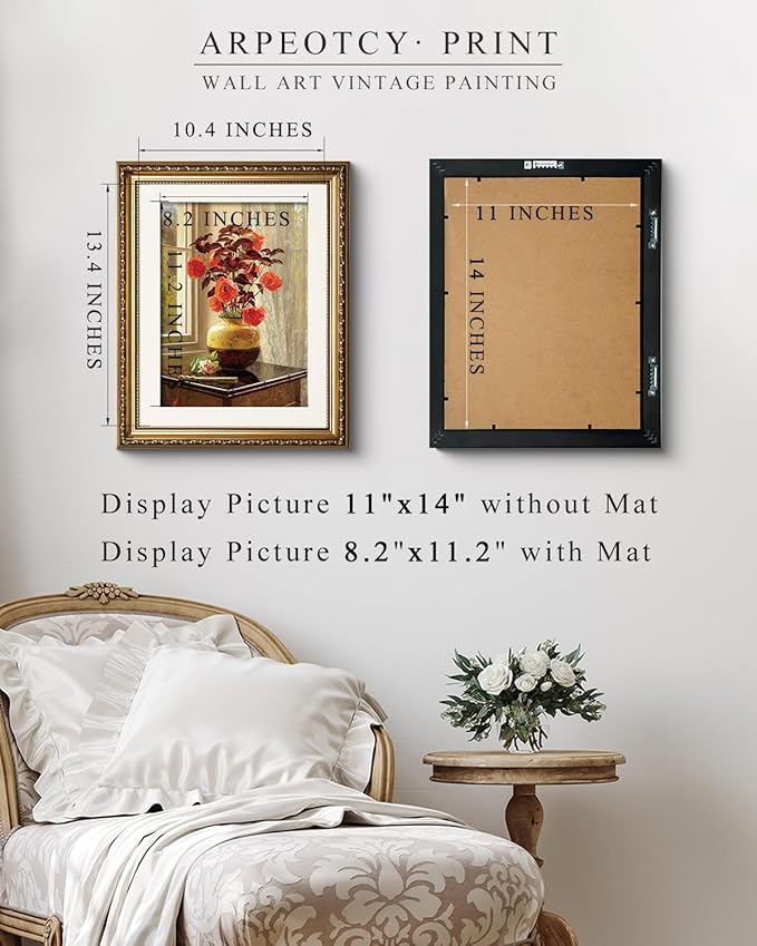 ARPEOTCY Vintage Gold Framed Wall Art Decor, Living Room Bedroom Floral Oriental Poppy Coleus Pictures Wall Art, Farmhouse Retro Decor, Antique Picture Frame Vintage Paintings,13x16 Inch