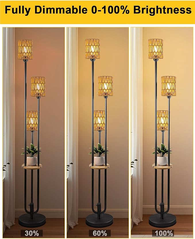 Lightdot Dimmable Boho Floor Lamps for Living Room, 3-Lights Rattan Floor Lamp with Shelves, 3000K Farmhouse Floor Lamp, Rustic Black Standing Lamp with Bulbs Included/Sofa Beside/Corner Decor