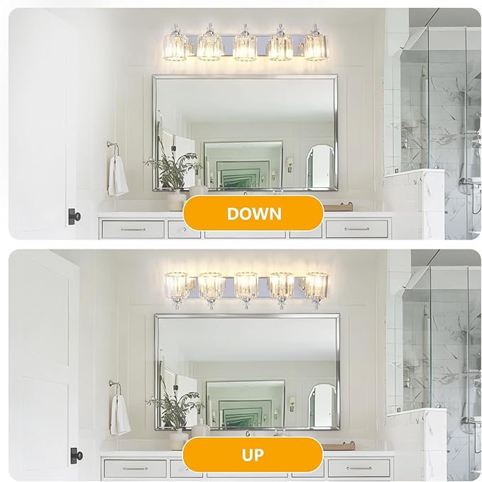 5-Light Modern Bathroom Light Fixture Chrome Bathroom Vanity Lights Over Mirror Wall Sconce Lighting with K9 Crystal Shades E26 Base for Bedroom, Living Room, Hallway Wall Lamp