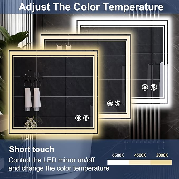 2 Pack 26“ x 26” LED Mirror for Bathroom Anti-Fog Dimmable 3 Colors LED Bathroom Mirror with Lights Memory Function Smart Mirror Touch Sensor Square Wall Mounted