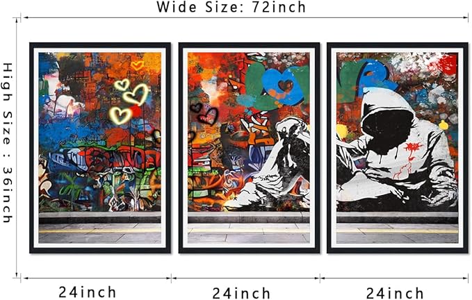 Novatique Graffiti Canvas Wall Art Colorful Street Wall Art Cool Panting Framed Artwork for Teenager Room Office Decoration,24" x 36" x 3pcs