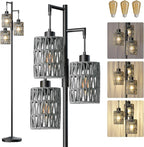 Oneach 70" Floor Lamps for Living Room, Stepless Dimmable Boho Floor Lamp with 3 Bulbs, Tall Farmhouse Industrial Corner Standing Tree Lamp for Bedroom, Office, Study Room, Black with Grey Shades