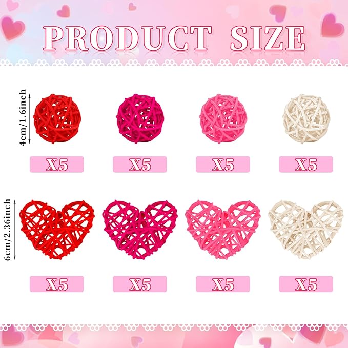 NOVWANG 40 Pcs Valentine's Day Rattan Balls Decorative, Centerpieces Vase Filler Heart Wicker Ball for Valentine's Day Wedding Party Decoration Table Hanging Decor DIY Crafts (Red, Rose, Pink, White)