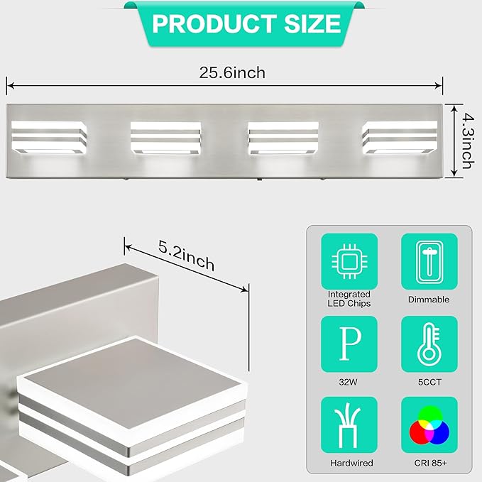 SOLFART Bathroom Vanity Light Over Mirror - 4 Light Led Vanity Light Fixture 26inch Matt Lights for Medicine Cabinet 5CCT Dimmable