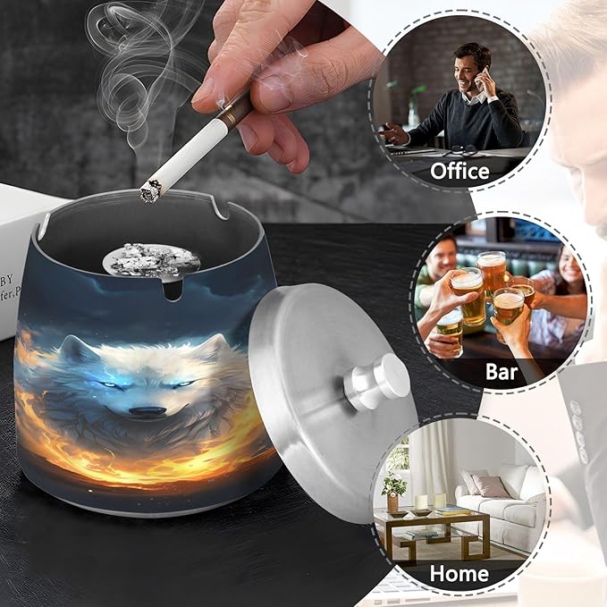 Fire Wolf Ashtray with Lid, Outdoor Ashtrays for Patio, Stainless Steel Ashtray Odorless Smokeless for Home Office Balcony