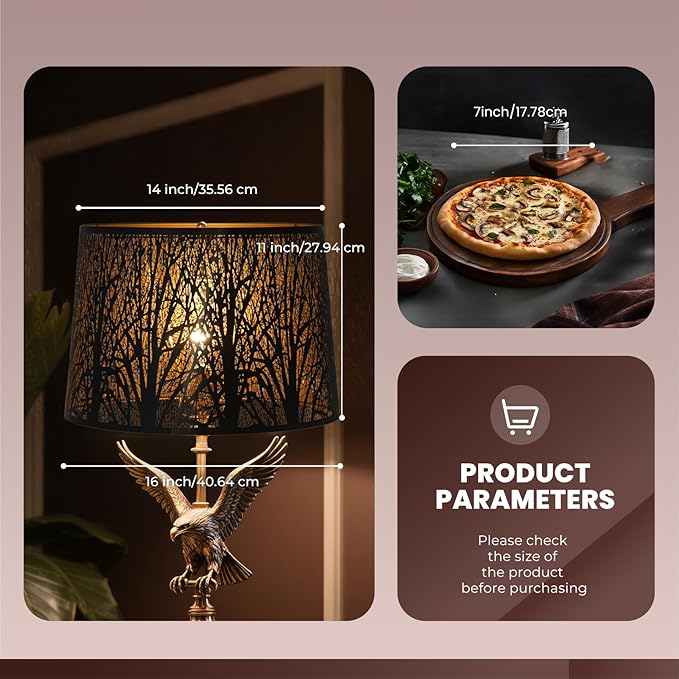 ALUCSET Metal Large Lampshade, Drum Lamp Shade 14" Top x 16" Bottom x 11" High, Lamp Shades for Table and Floor Lamps, Black Gold Finished Etched Forest Replacement Shade, Spider Fitter