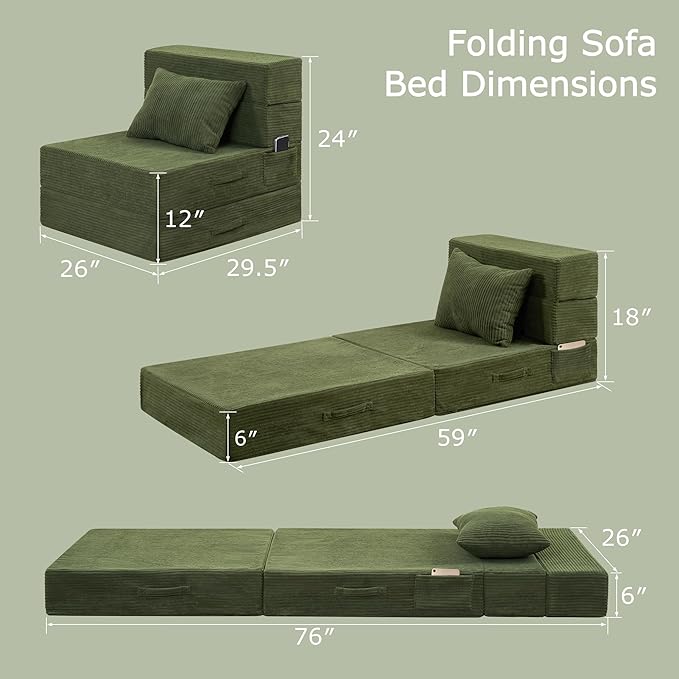 Folding Sofa Bed, 4 in 1 Convertible Sleeper Chair with Pillow, Single Memory Foam Fold Out Chair Bed, Modern Floor Futon Sofa Couch Mattress for Living Room/Guest/Apartment, Green