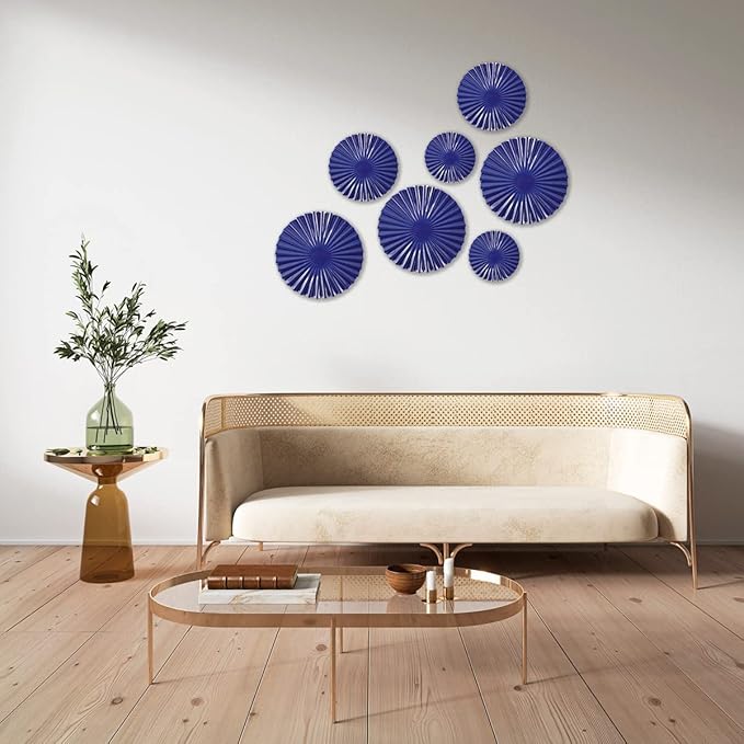 ITrixgan 7 Pieces Deep Blue Wall Art Round Metal Modern Accent Large Sunburst Hanging Decorations Above Bed TV for Home Office Bedroom Living Room