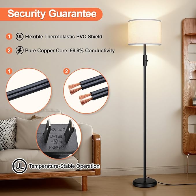 【Upgraded】 Dimmable Floor Lamp, Modern Floor Lamps Simple Design with White Shade for Living Room, Tall Standing Lamp for Bedroom Office Dining Room, Black Pole Lamp
