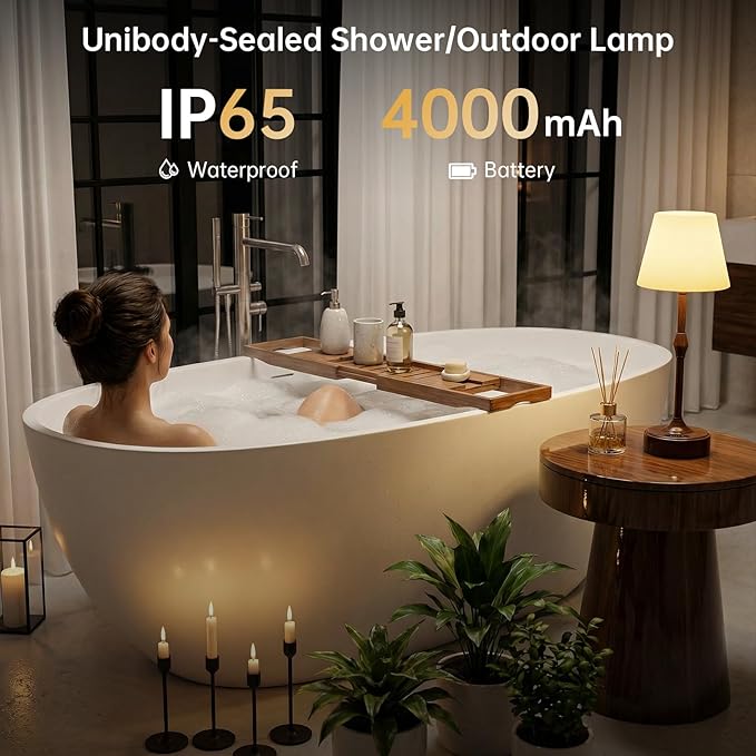 IP65 Waterproof Shower Lamp for Bathroom, Cordless Table Lamp Rechargeable Battery Operated, 3-Colors Dimmable Touch Lamp for Bathtub, Shower Light, Bath Light and Relaxing Routines, Set of 1