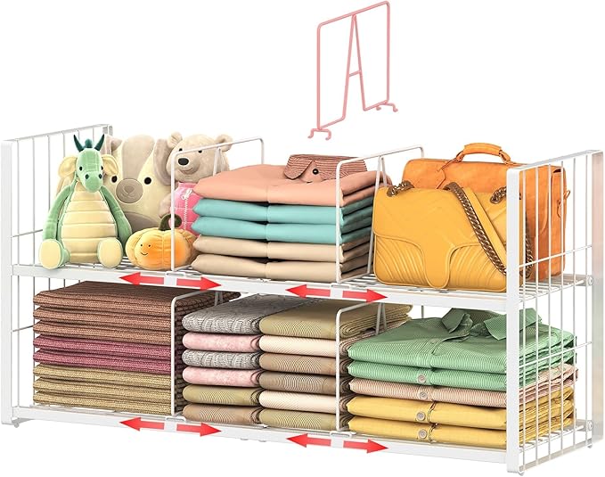 Stackable Closet Storage Shelf, Adjustable Divider Clothes Shelves Organizer for Jeans Pant Shirt Sweater Bag Purse Shoe, Clothing Shelving Rack for Bedroom RV Wardrobe Closet System-White