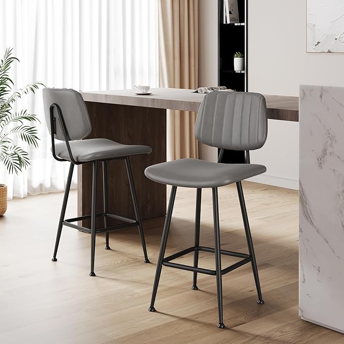 24-Inch Leather Bar Stools Set of 3, Counter Height Barstools with High Backrest，Bar Chairs for Kitchen Island with Heavy Duty Metal Base, Gray