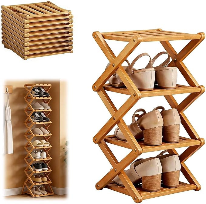 9 Tier Bamboo Shoe Rack, Heavy Duty Foldable Shelf Needing No Setup | Versatile Space-Saving & Sturdy Collapsible Bamboo Shoe Rack Organizer for Closet, Entryway, Over-Door, Dorm or Bedroom Use